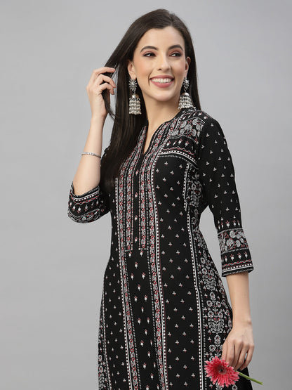Black Rayon Festive Placement Print Straight Kurta