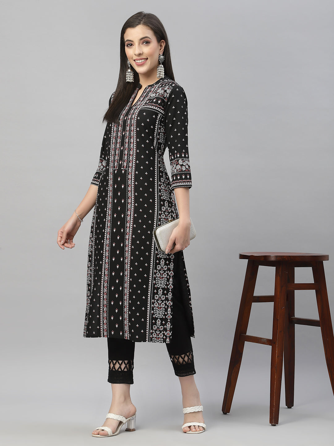 Black Rayon Festive Placement Print Straight Kurta