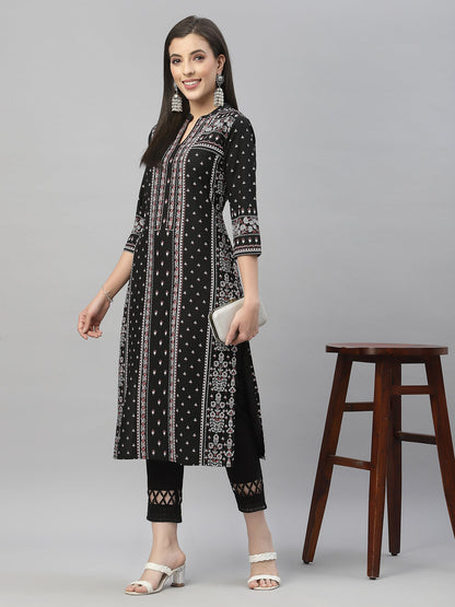 Black Rayon Festive Placement Print Straight Kurta