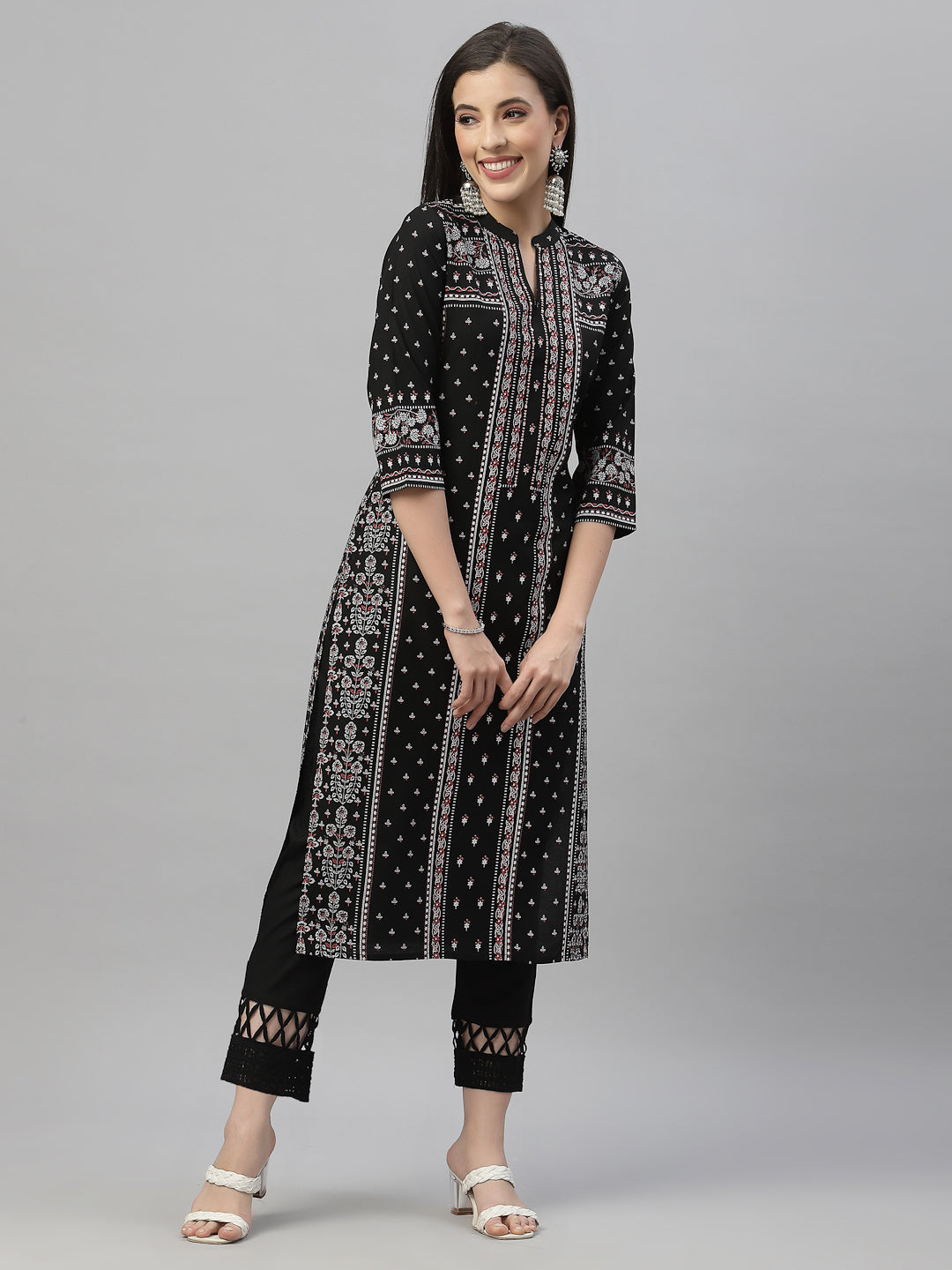 Black Rayon Festive Placement Print Straight Kurta