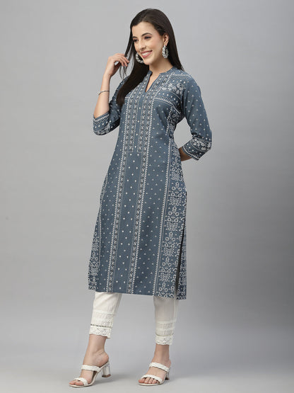 Blue Rayon Festive Placement Print Straight Kurta