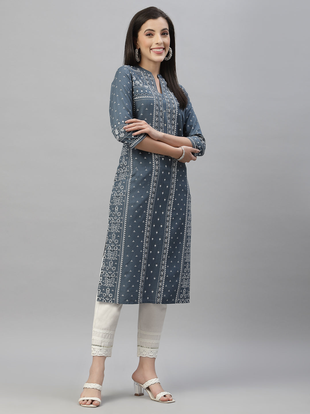 Blue Rayon Festive Placement Print Straight Kurta