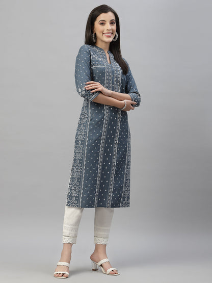 Blue Rayon Festive Placement Print Straight Kurta