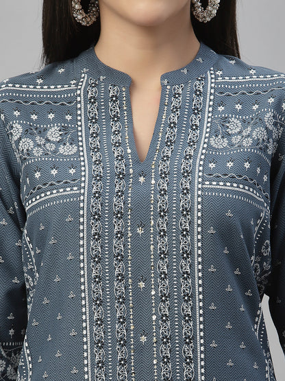 Blue Rayon Festive Placement Print Straight Kurta