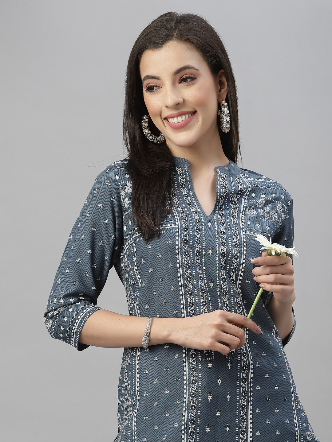 Blue Rayon Festive Placement Print Straight Kurta