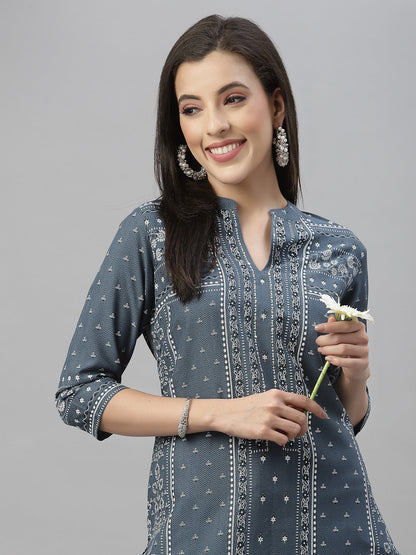 Blue Rayon Festive Placement Print Straight Kurta