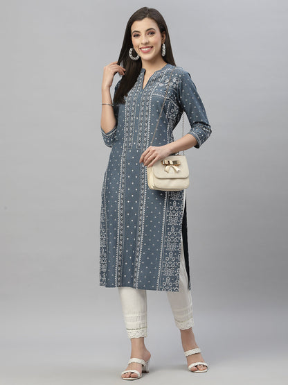 Blue Rayon Festive Placement Print Straight Kurta
