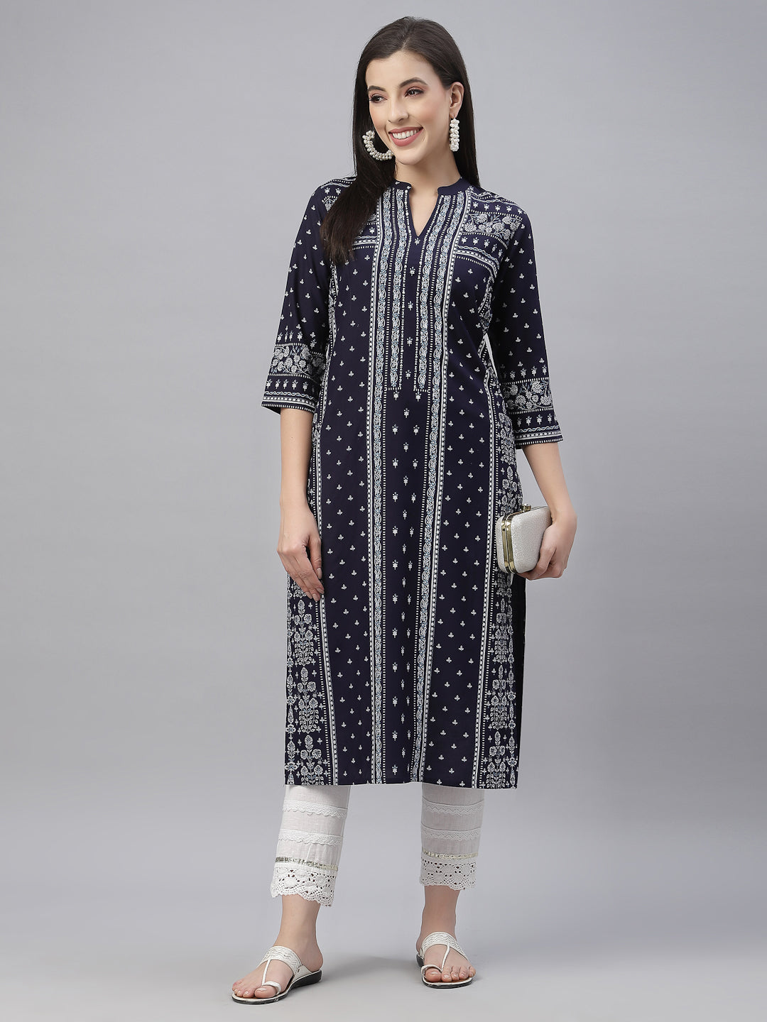 Indigo Rayon Festive Placement Print Straight Kurta