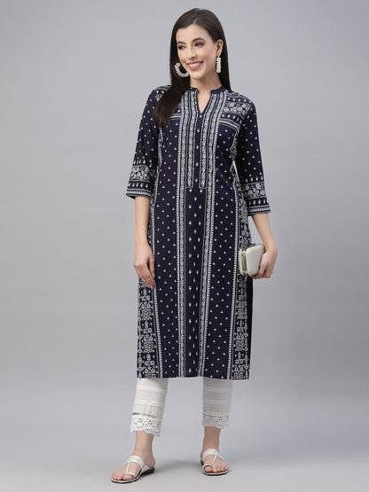 Indigo Rayon Festive Placement Print Straight Kurta