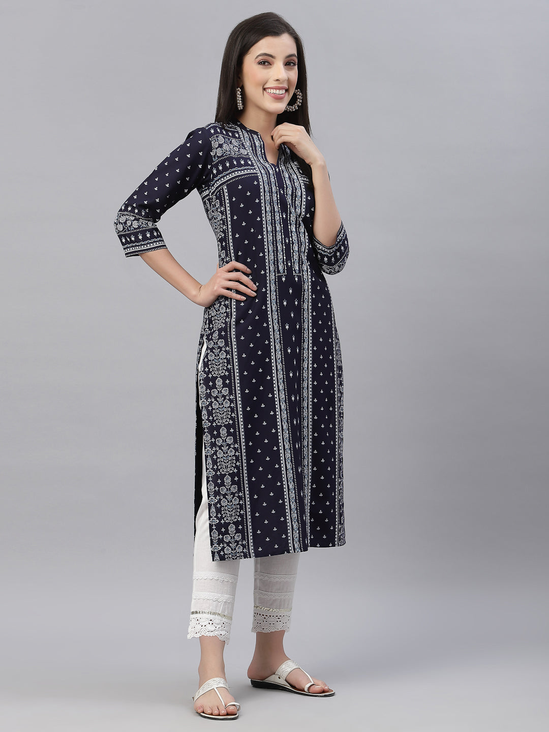 Indigo Rayon Festive Placement Print Straight Kurta