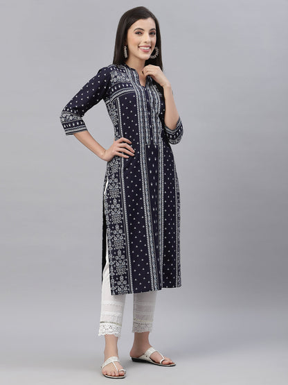 Indigo Rayon Festive Placement Print Straight Kurta