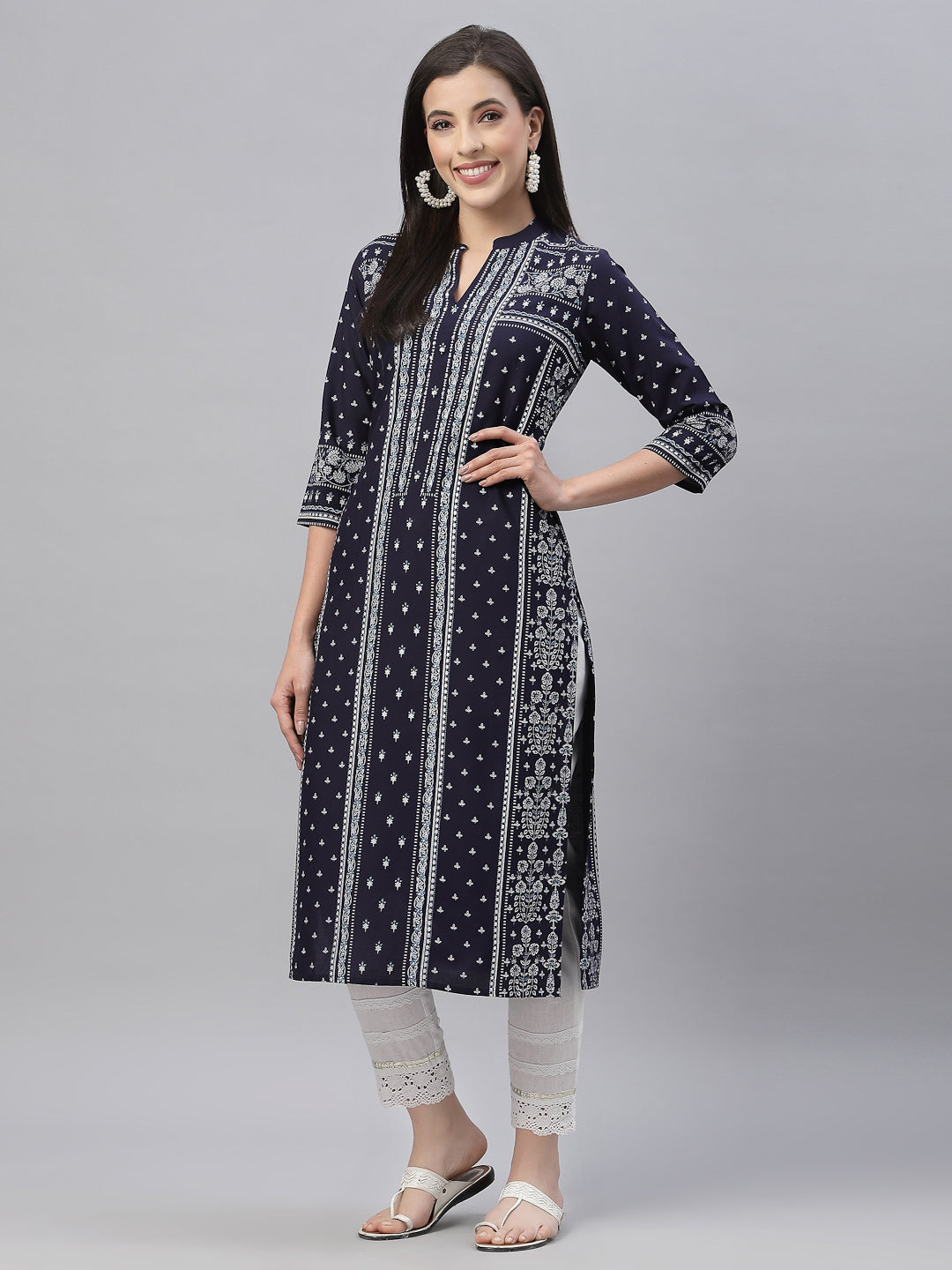 Indigo Rayon Festive Placement Print Straight Kurta