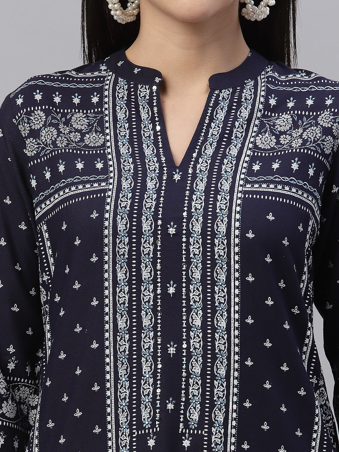 Indigo Rayon Festive Placement Print Straight Kurta