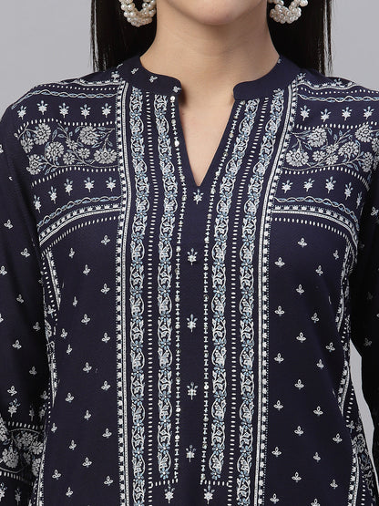 Indigo Rayon Festive Placement Print Straight Kurta