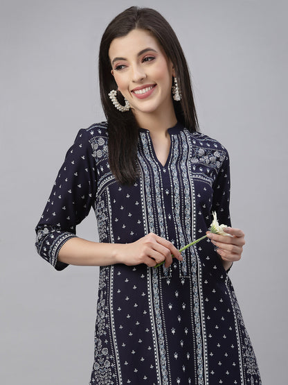 Indigo Rayon Festive Placement Print Straight Kurta