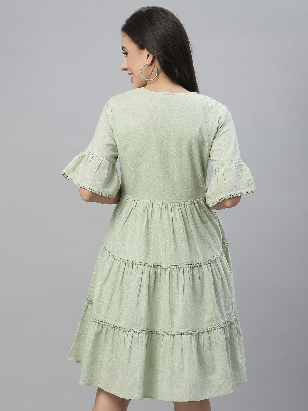 Green Cotton Dobby Festive Embroidered Tiered Dress