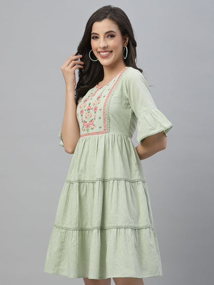 Green Cotton Dobby Festive Embroidered Tiered Dress