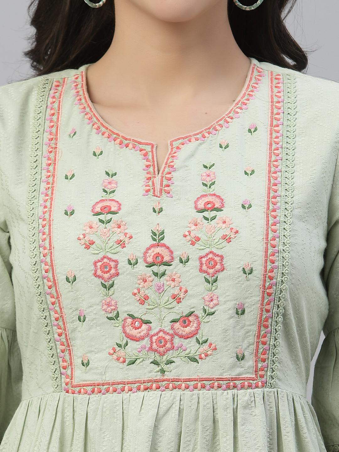Green Cotton Dobby Festive Embroidered Tiered Dress