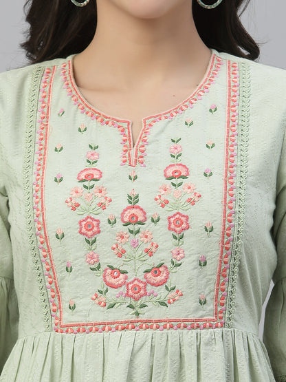 Green Cotton Dobby Festive Embroidered Tiered Dress