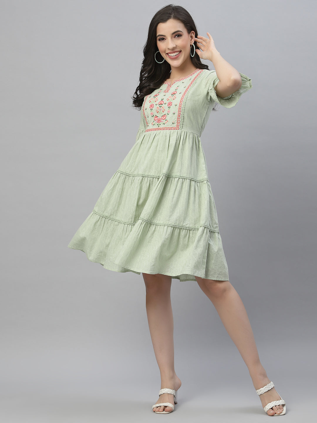 Green Cotton Dobby Festive Embroidered Tiered Dress