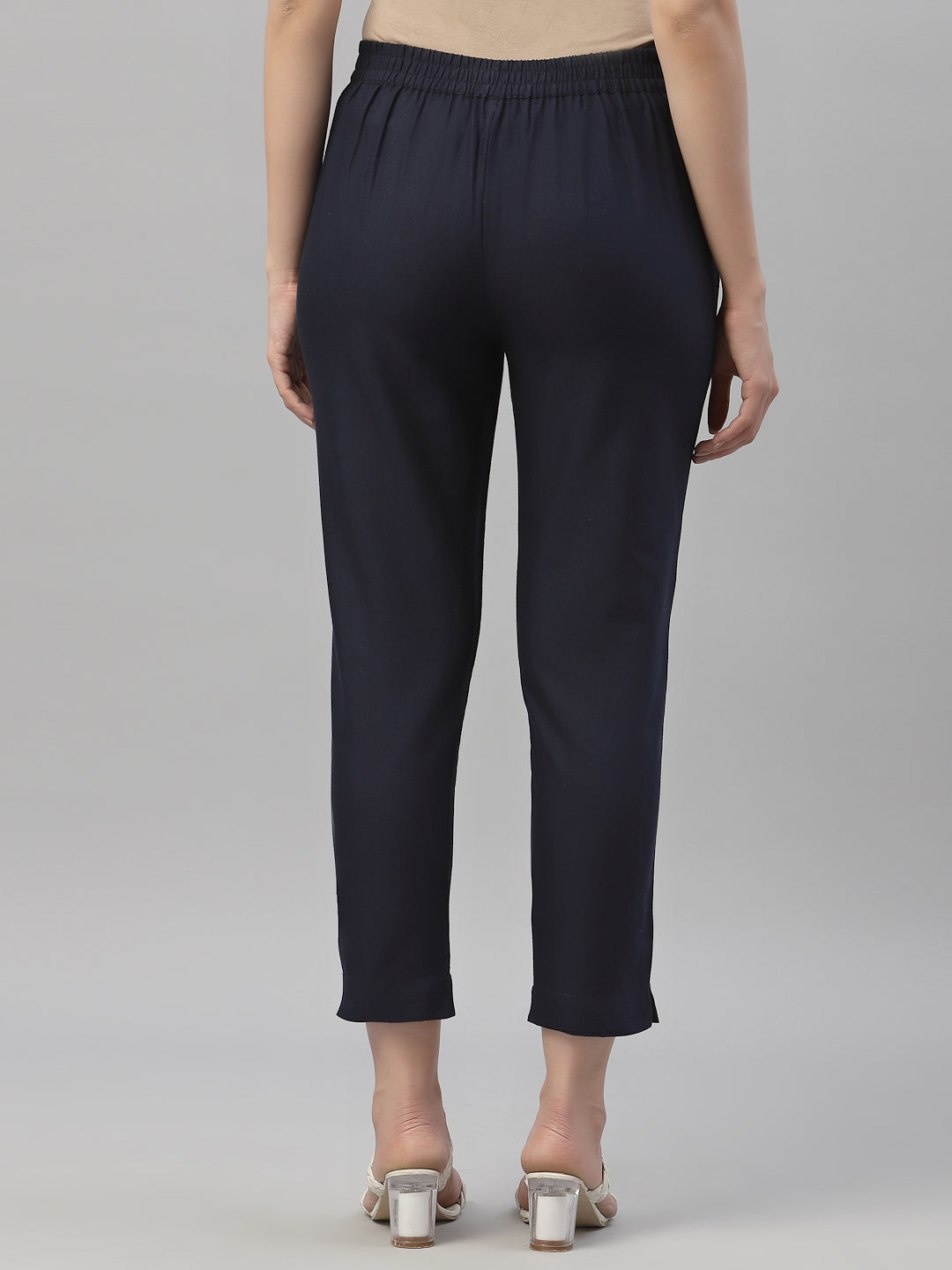 Navy Cotton Flex Festive Solid Straight Pant/Slim Pant