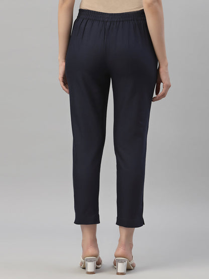 Navy Cotton Flex Festive Solid Straight Pant/Slim Pant