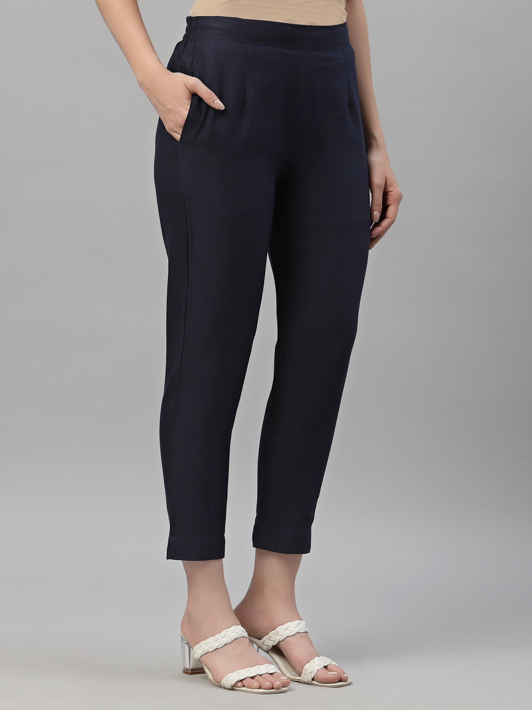 Navy Cotton Flex Festive Solid Straight Pant/Slim Pant