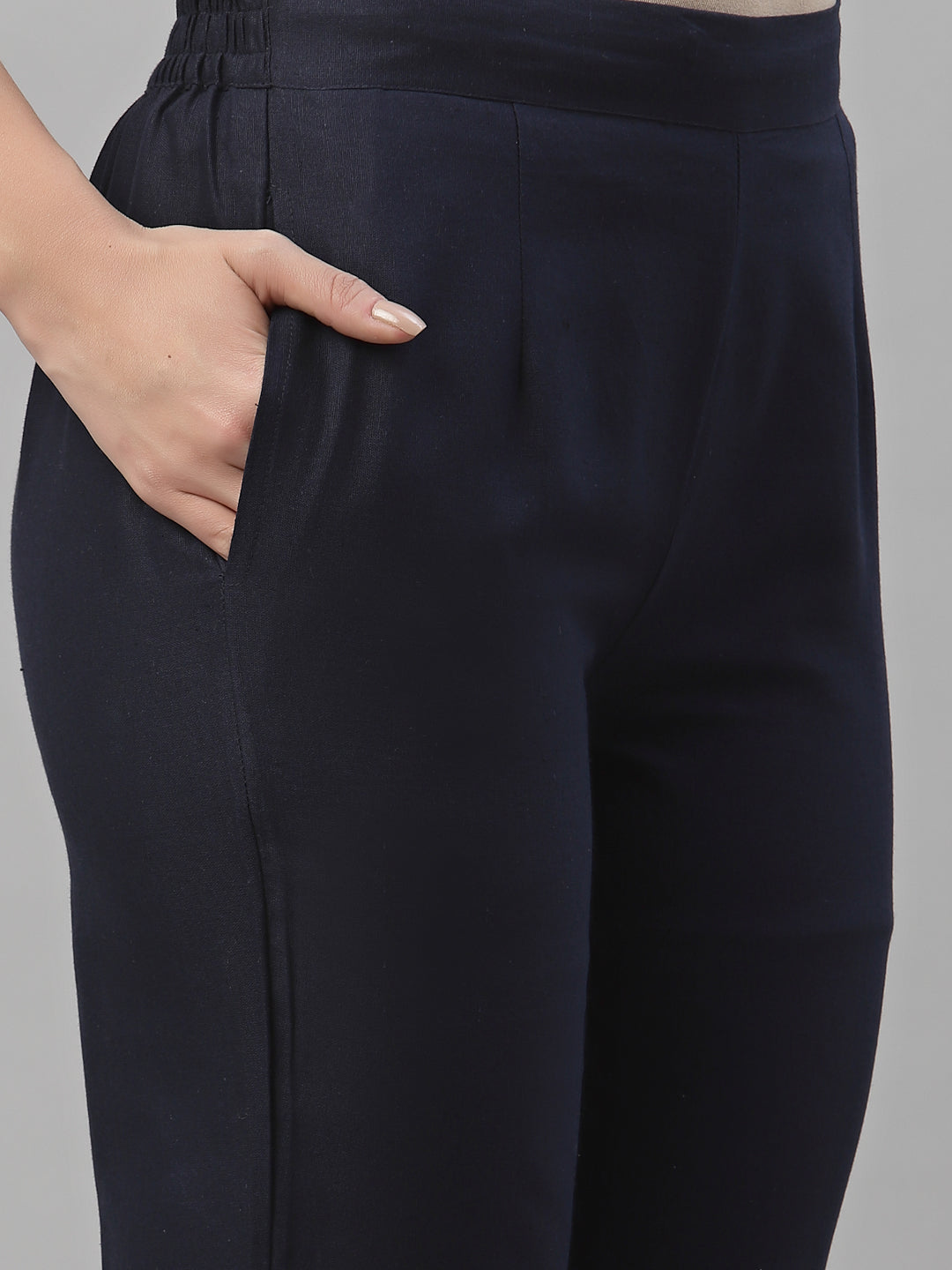 Navy Cotton Flex Festive Solid Straight Pant/Slim Pant