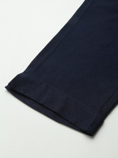Navy Cotton Flex Festive Solid Straight Pant/Slim Pant