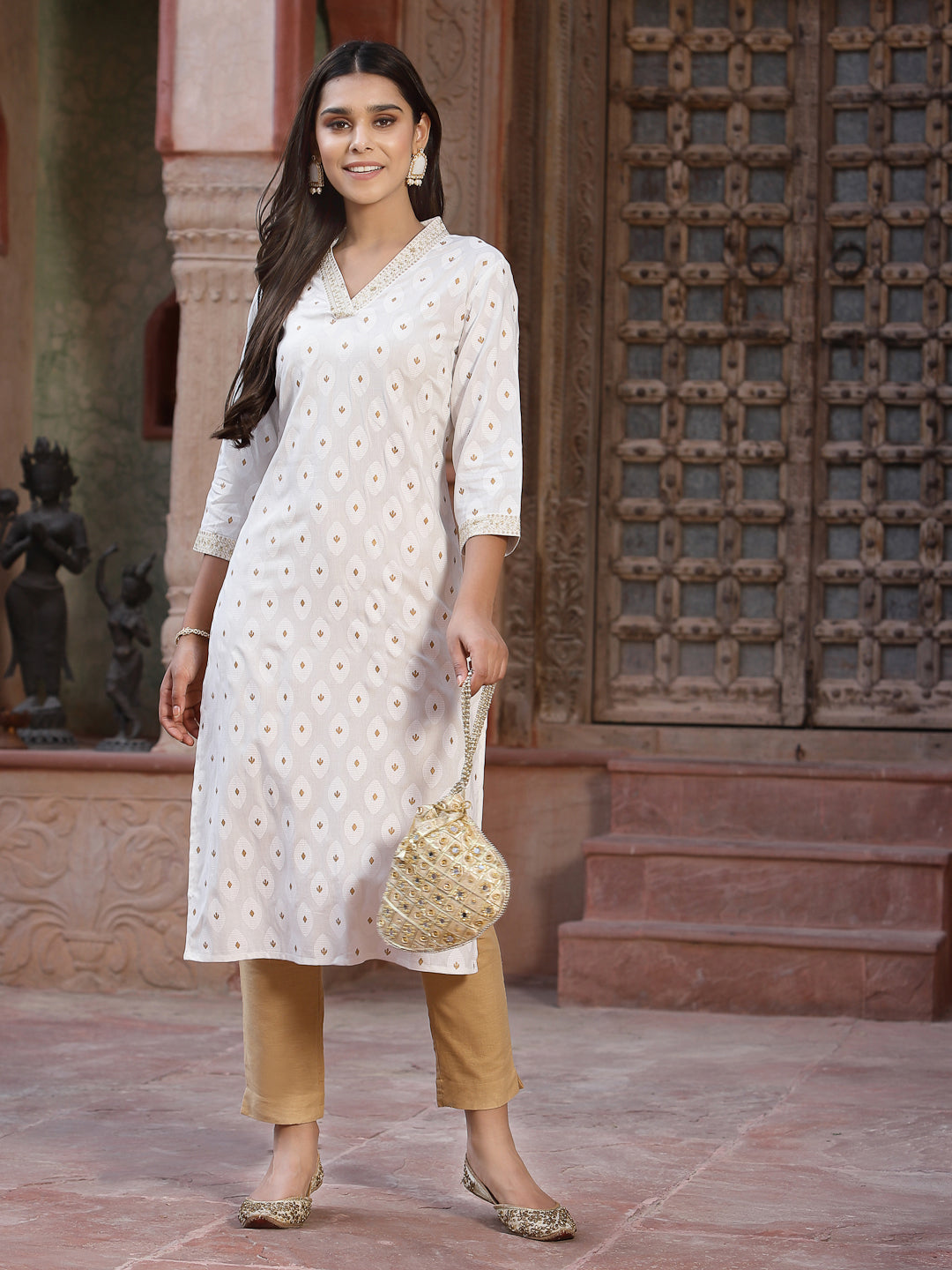 Off - White Rayon Printed Straight Kurta