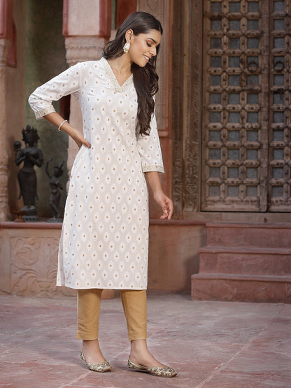 Off - White Rayon Printed Straight Kurta