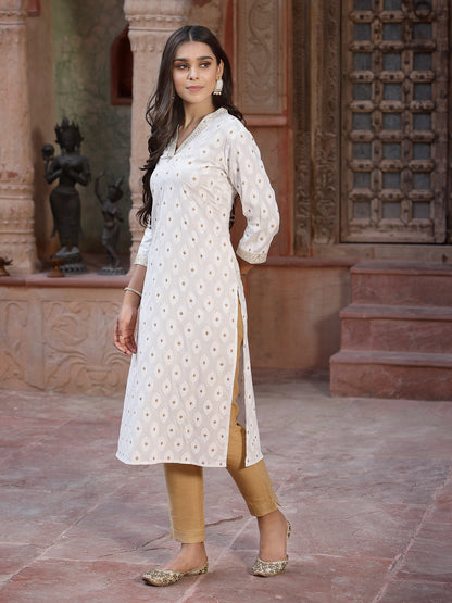 Off - White Rayon Printed Straight Kurta