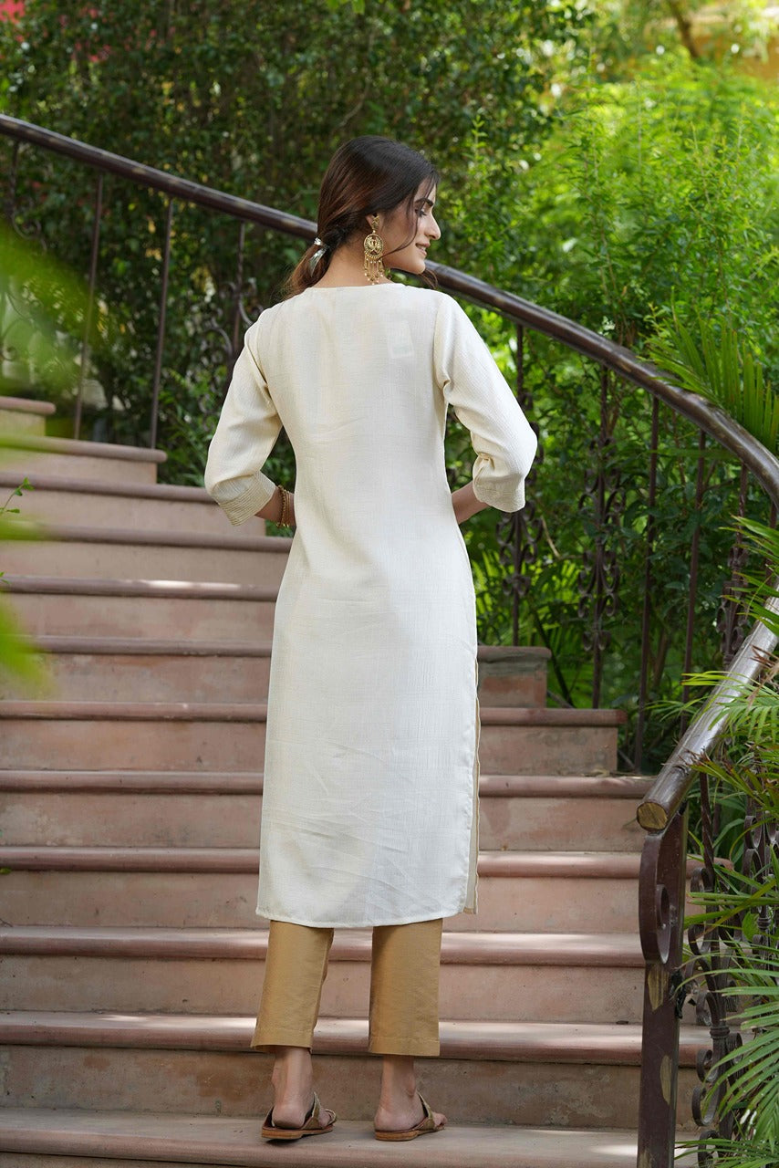 Cream Silk Festive Embroidered Straight Kurta