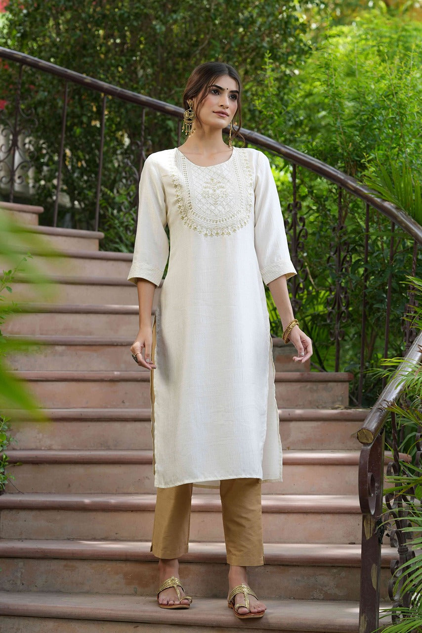Cream Silk Festive Embroidered Straight Kurta