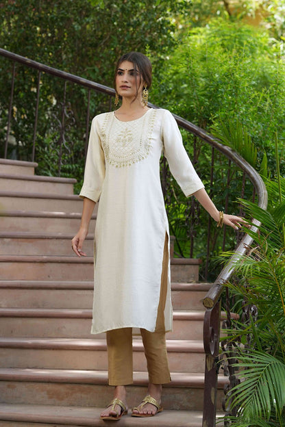 Cream Silk Festive Embroidered Straight Kurta