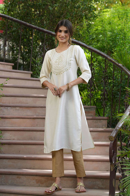 Cream Silk Festive Embroidered Straight Kurta