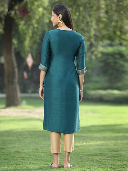 Green Silk Festive Embroidered Straight Kurta