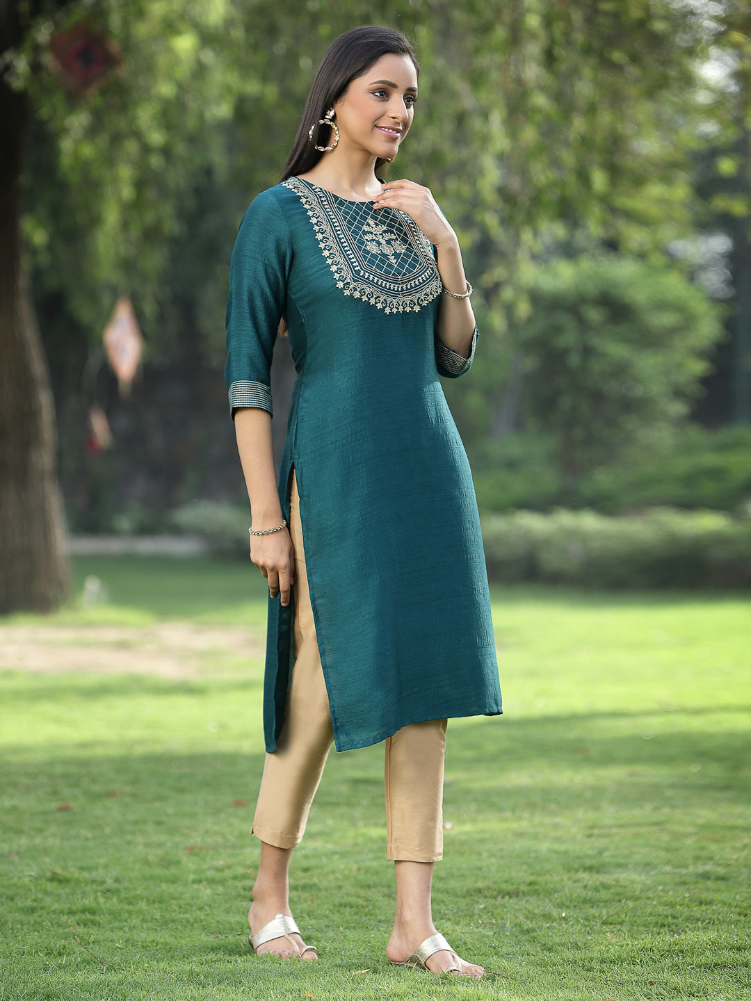 Green Silk Festive Embroidered Straight Kurta