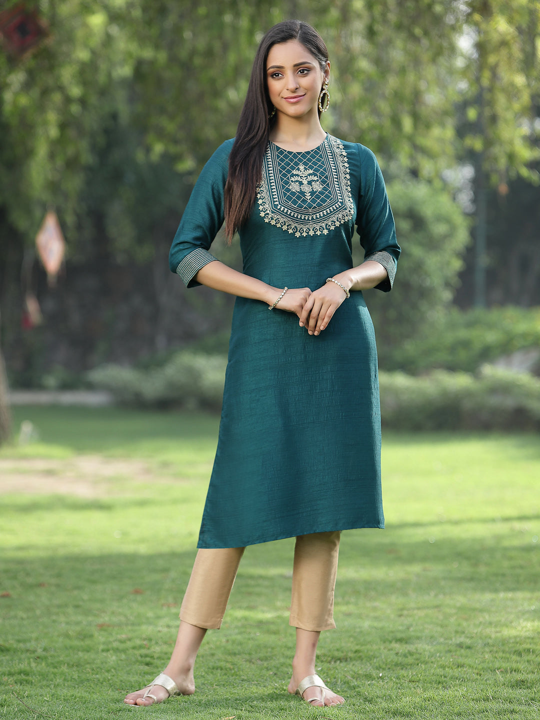 Green Silk Festive Embroidered Straight Kurta