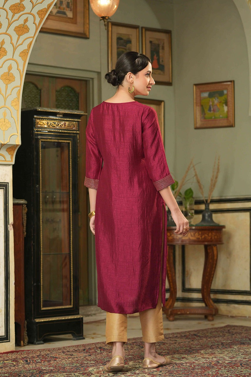 Maroon Silk Festive Embroidered Straight Kurta