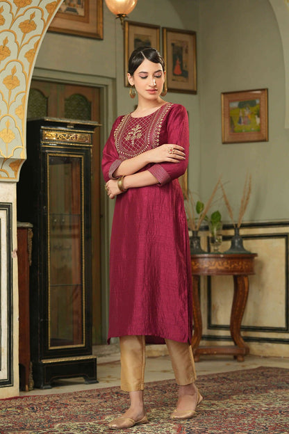Maroon Silk Festive Embroidered Straight Kurta
