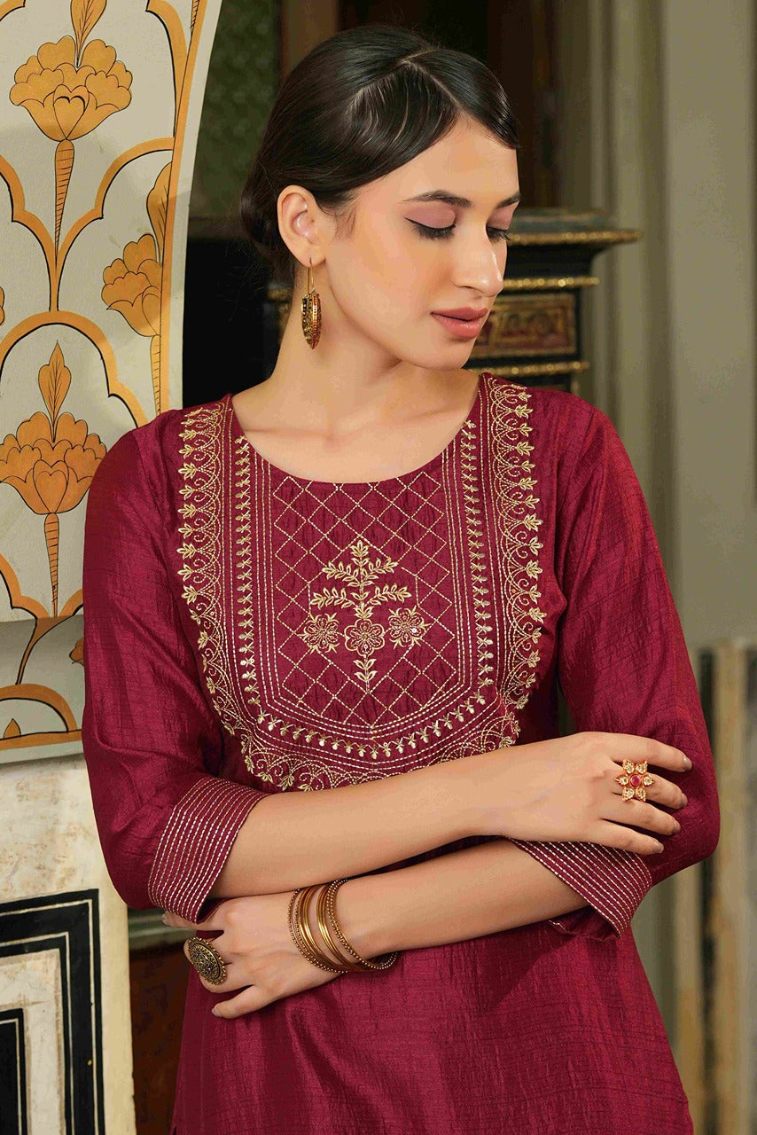 Maroon Silk Festive Embroidered Straight Kurta