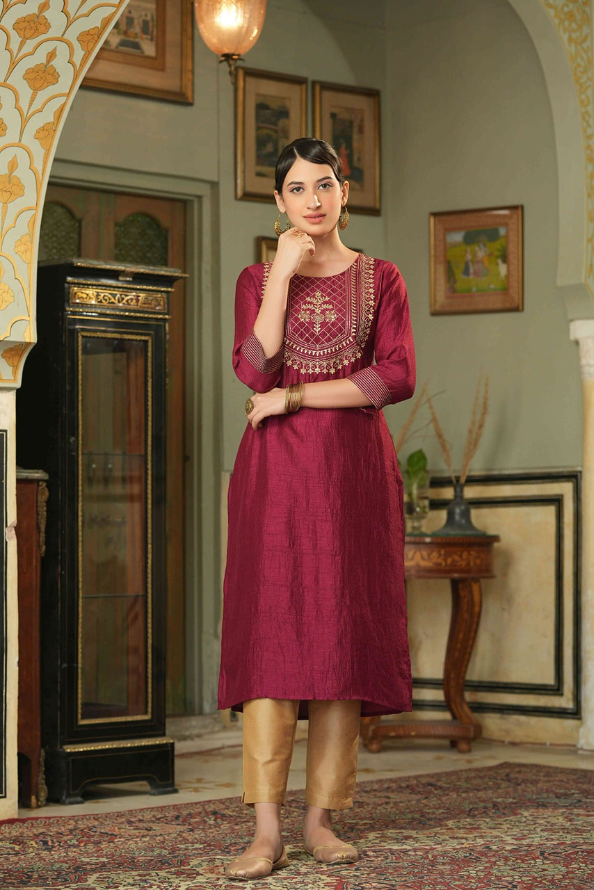 Maroon Silk Festive Embroidered Straight Kurta