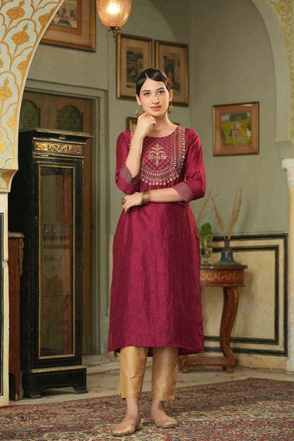 Maroon Silk Festive Embroidered Straight Kurta