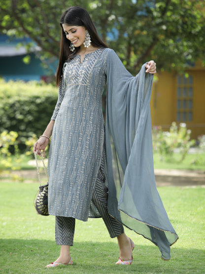 Grey Muslin Festive Printed Straight Skd