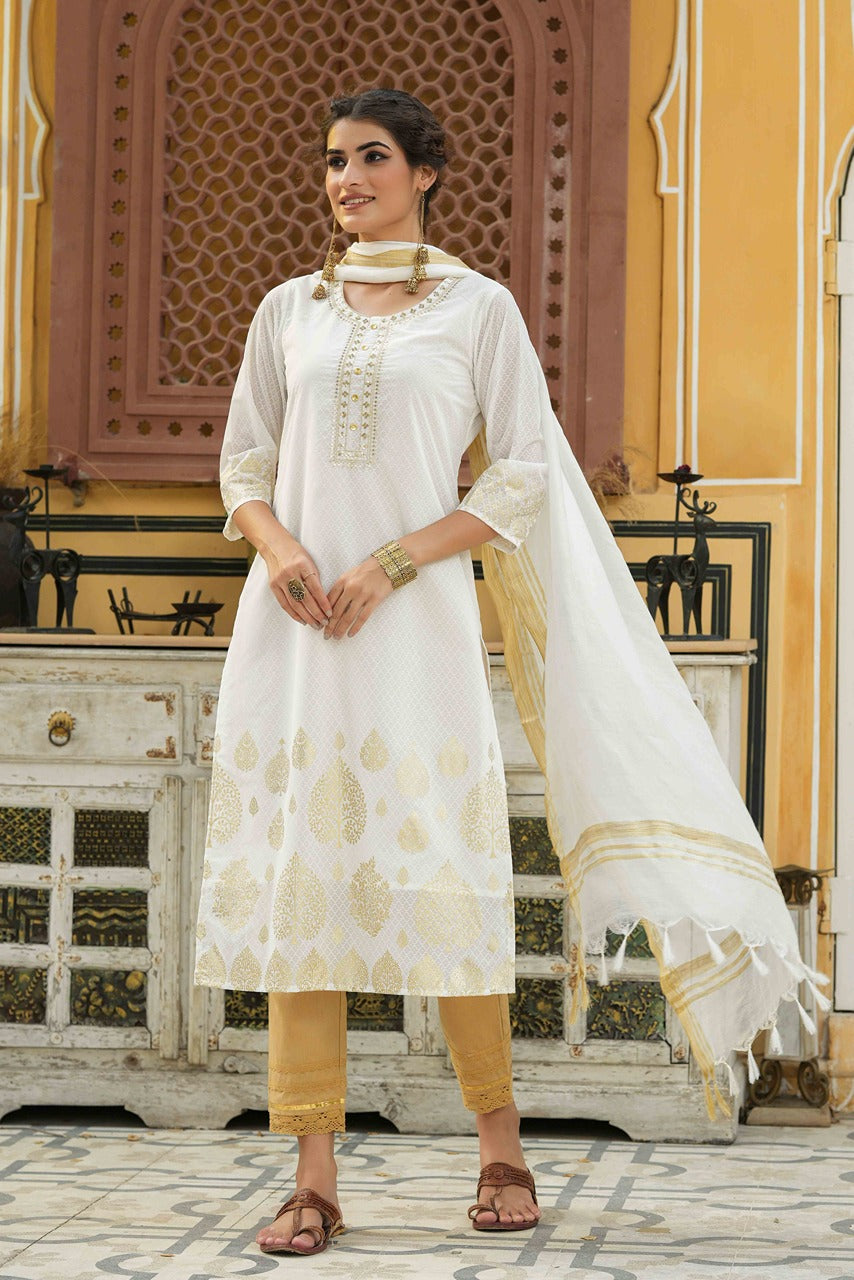 Off - White Georgette Festive Printed Straight Kurta Dupatta Set