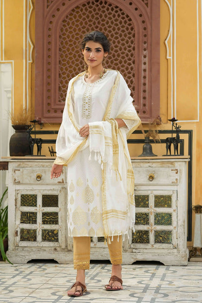 Off - White Georgette Festive Printed Straight Kurta Dupatta Set
