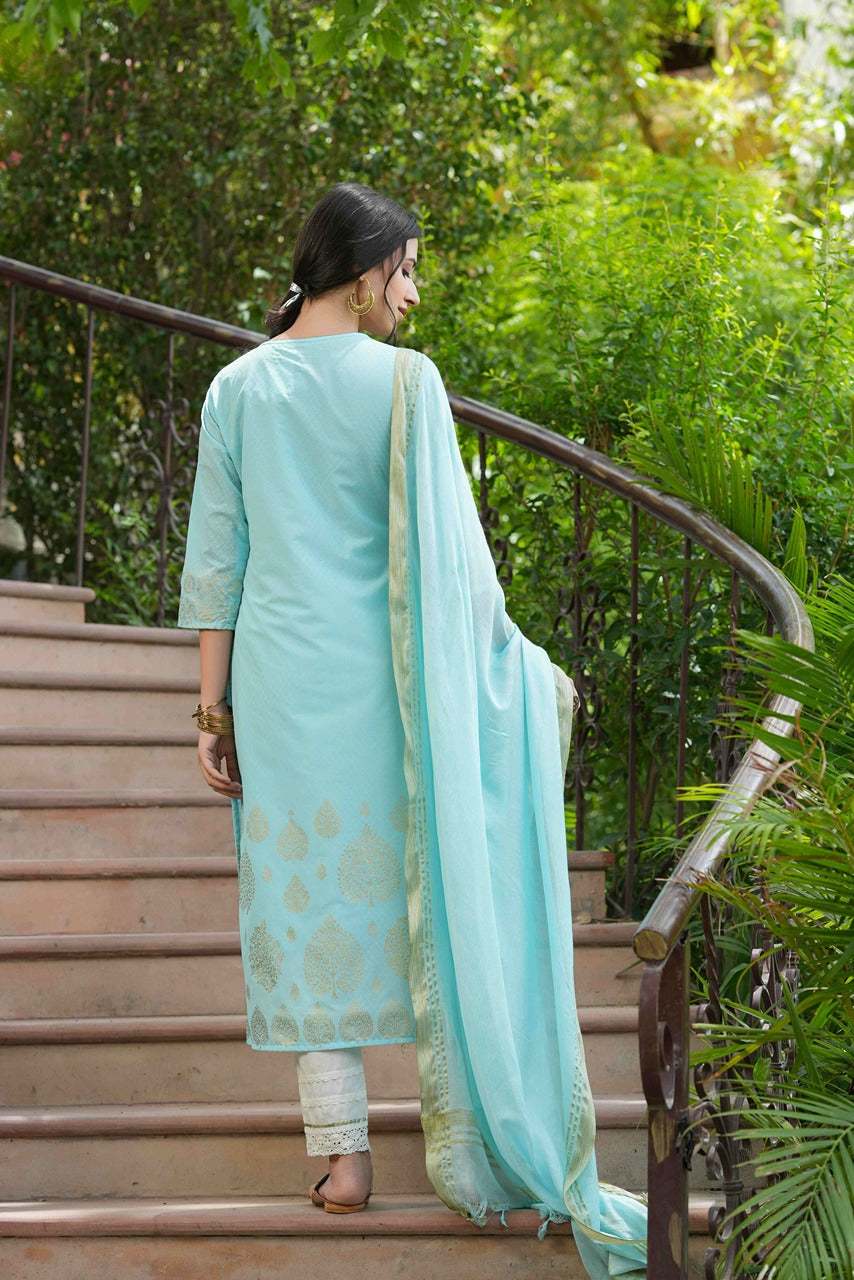 Sky Blue Georgette Festive Printed Straight Kurta Dupatta Set