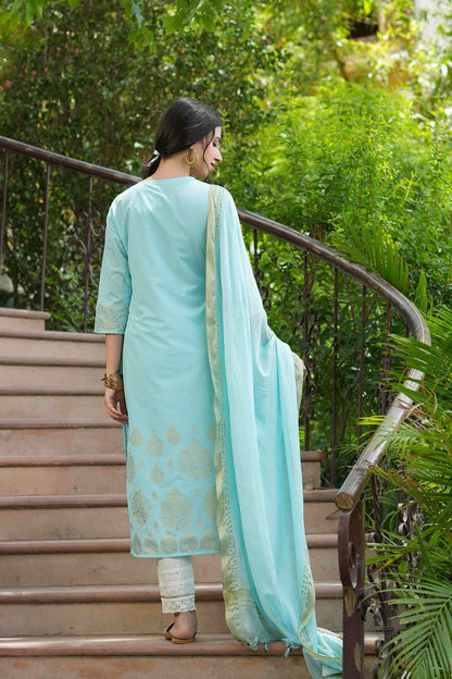Sky Blue Georgette Festive Printed Straight Kurta Dupatta Set