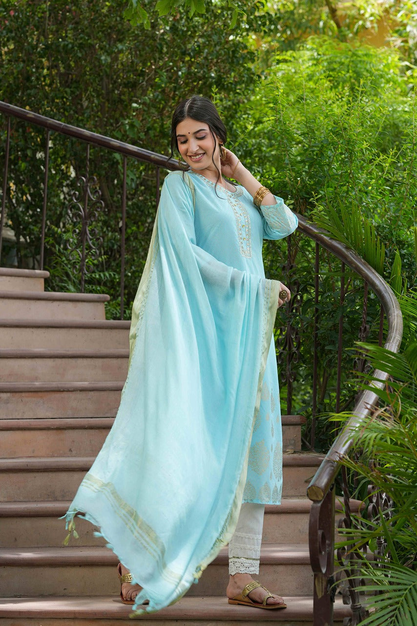 Sky Blue Georgette Festive Printed Straight Kurta Dupatta Set